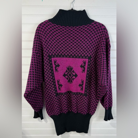 Midnight Blues vintage women’s magenta & black shimmer Aztec checkered sweater L - Picture 4 of 7